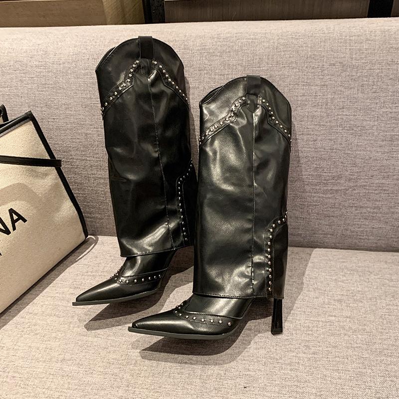 Vintage Rivet Pointed Toe Women Pipe Long Boots Sexy High Heel Shoes Autumn Winter Western Cowboy Booties  De Mujer