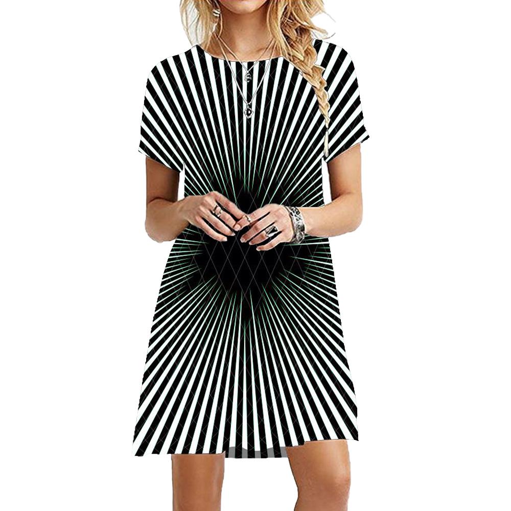 Women Fashion Optical Illusion Dresses Summer Short Sleeve Black White Striped Classic Dress Casual Pattern 3D Print Dress