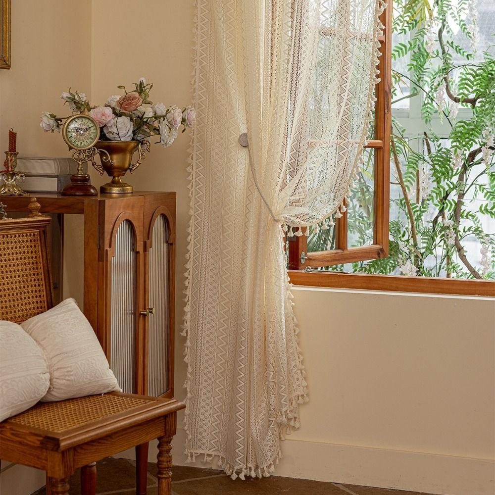 Koronkowa Siatka Okienna w Stylu Boho 140m Zasłona z Frędzlami Retro Woal Tiulowe Zasłony Dekoracja Domu