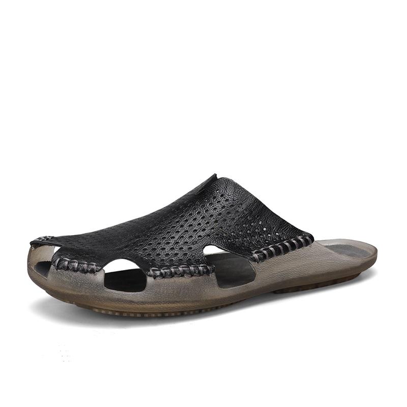 Fashion Quick Dry Men's Leather Slides Comfortable Male Slippers Anti-Slip Outdoor Half Drag Handmade Hollow Out Sandals Man Flip Flops