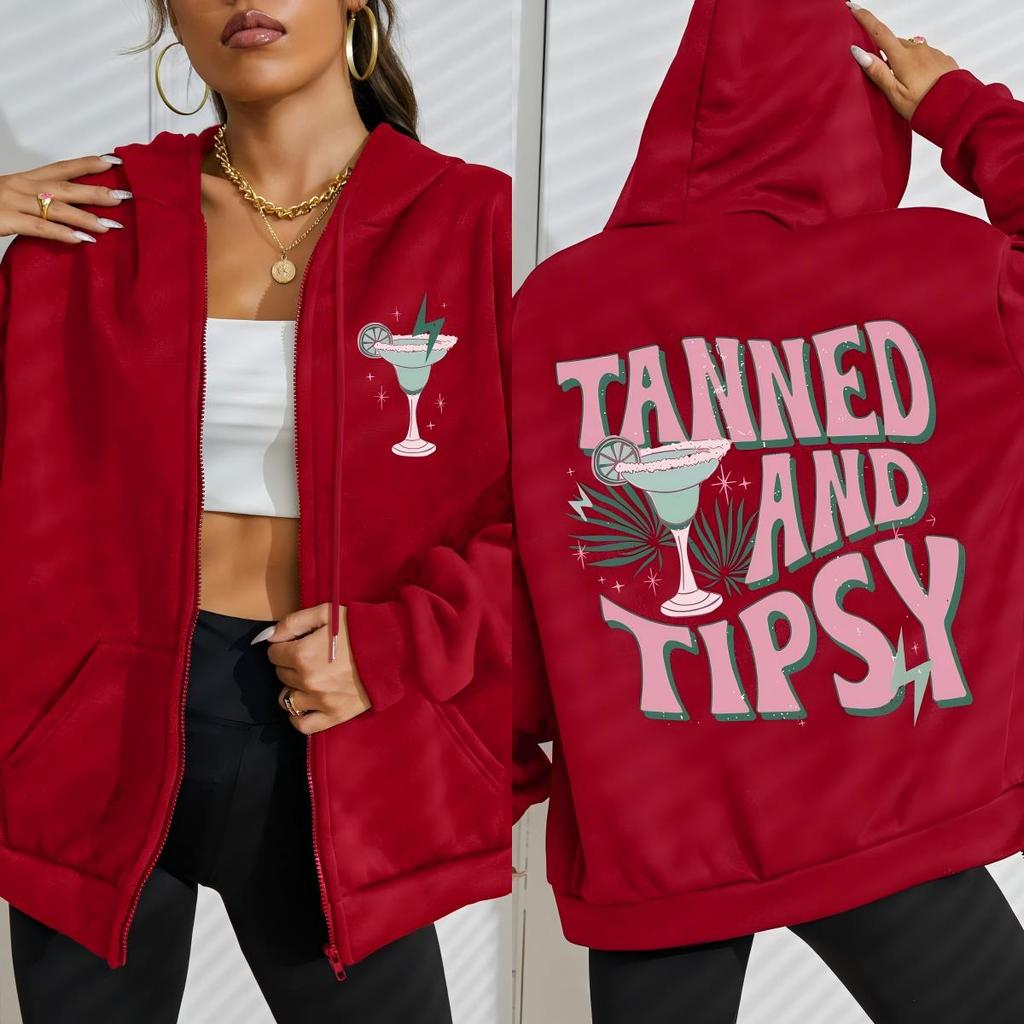 Tanned And Tipsy Pattern Printing Woman Zipper Hoodie Autumn Fleece Clothes Comfortable Hoody Oversized Sportswear