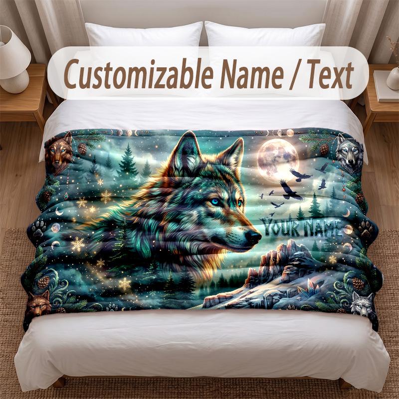 Wolf Theme Soft Blanket Personalized Custom Name Text Print Warm Blanket Home Sofa Bedroom Decor