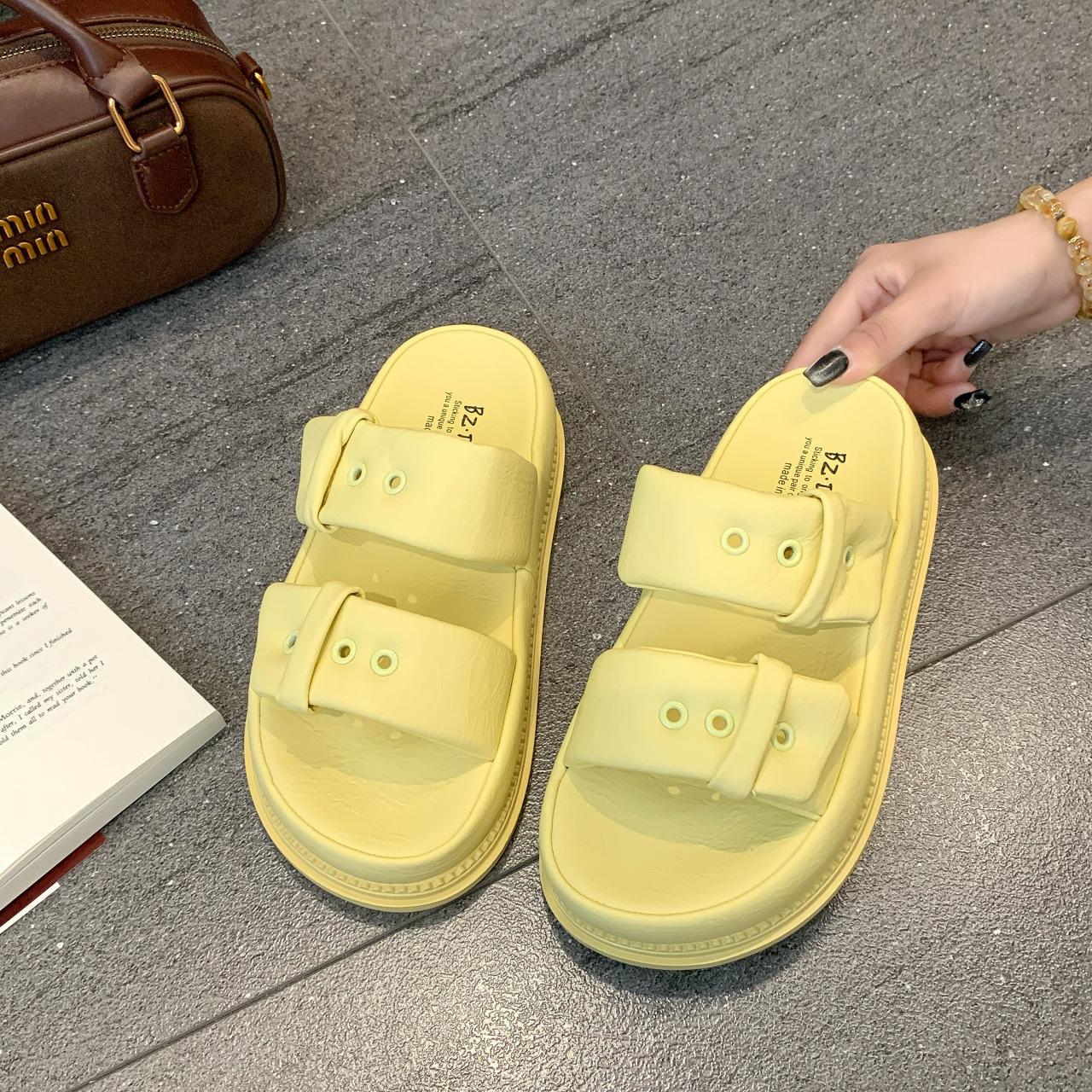 

Крутые тапочки женские весенние 2025 новые модные универсальные ретро с пряжкой на ремне повседневные на толстой подошве шлепанцы 40 жёлтый