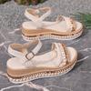 Women'S Espadrille Wedge Sandals with Braided Rope and Rivet Details – Comfortable Open Toe Platform Heels, Beige and Brown Color Scheme