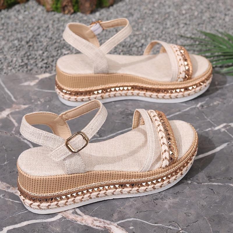 Women'S Espadrille Wedge Sandals with Braided Rope and Rivet Details – Comfortable Open Toe Platform Heels, Beige and Brown Color Scheme