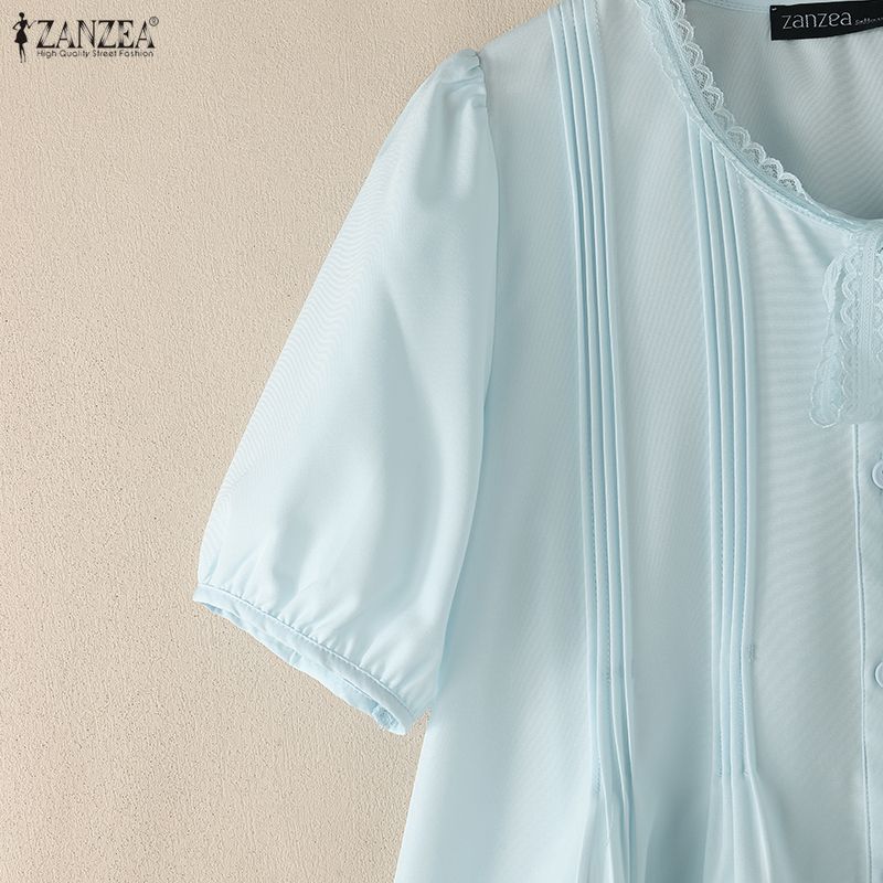 ZANZEA Women Short Puff Sleeve V Neck Lace Trim Button Down Blouse