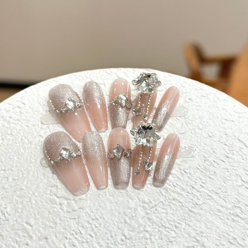 Women Long Press‑On Nails Pure‑Handmade Pink Transparent Silver Sequin Gradient Large Rhinestone Phototherapy False Nail Patches