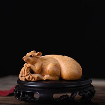 Wood Carving Zodiac Rat Attracting Wealth Sculptures Figurines Cute Small Animals Home Room Office Wealth Luck  Decor