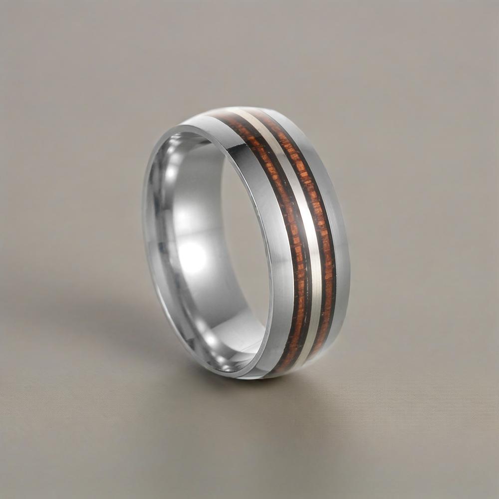 Wood Grain Inlaid Stainless Steel Wedding Ring 8mm Silver/black/men's Wedding Ring High Polished Anniversary Ring Comfortable