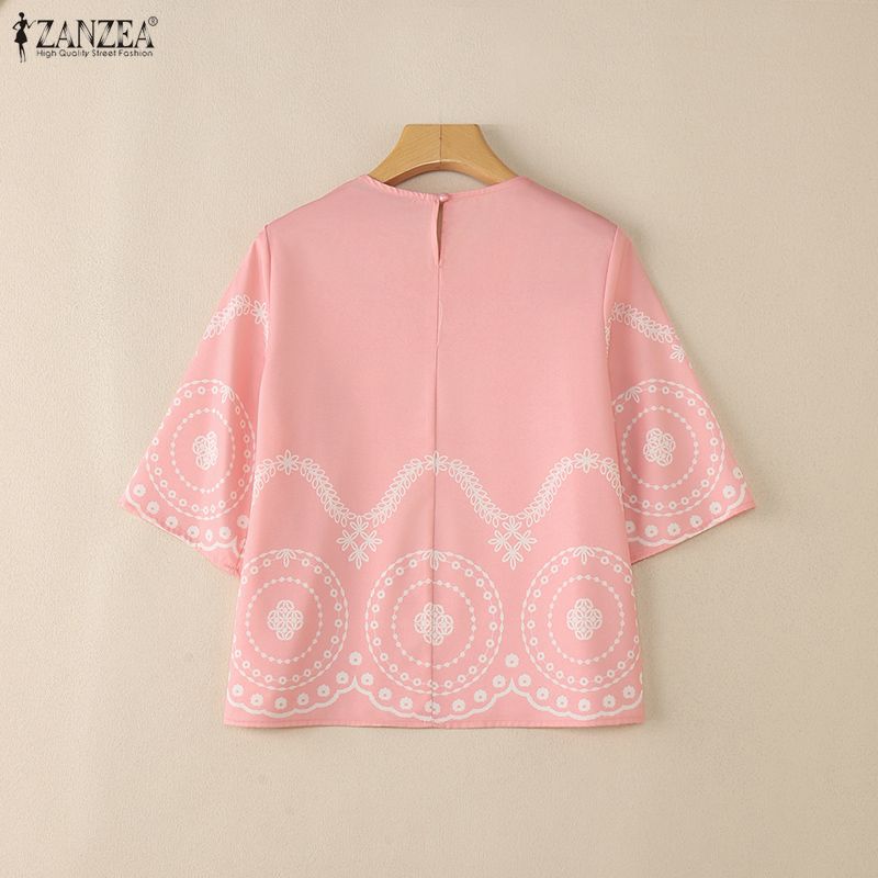 ZANZEA Lässige Bluse mit Rundhalsausschnitt und 3/4-Ärmeln und lockerem Print für Damen