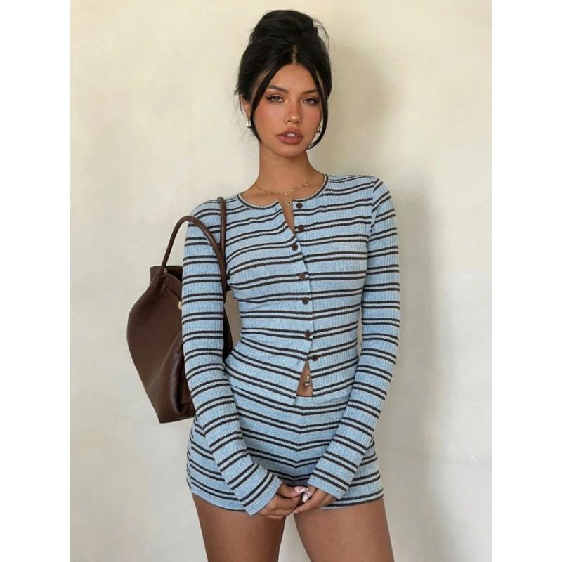Women Slim Fit Round Neck Striped Knit Cardigan Long Sleeve Shorts Two Piece Set