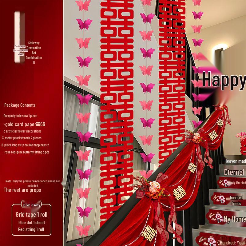 Bridal Chamber Stair Railing Decoration Set for Indoor Engagement & Wedding Celebration