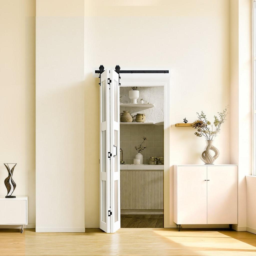 Puerta de Granero Plegable Doble, 914 x 2134 mm, MDF con Vidrio Templado Puertas Correderas Plegables Dobles para Armario, Kit de Herrajes Incluido, Diseño Ahorrador de Espacio, Pre-ensamblado