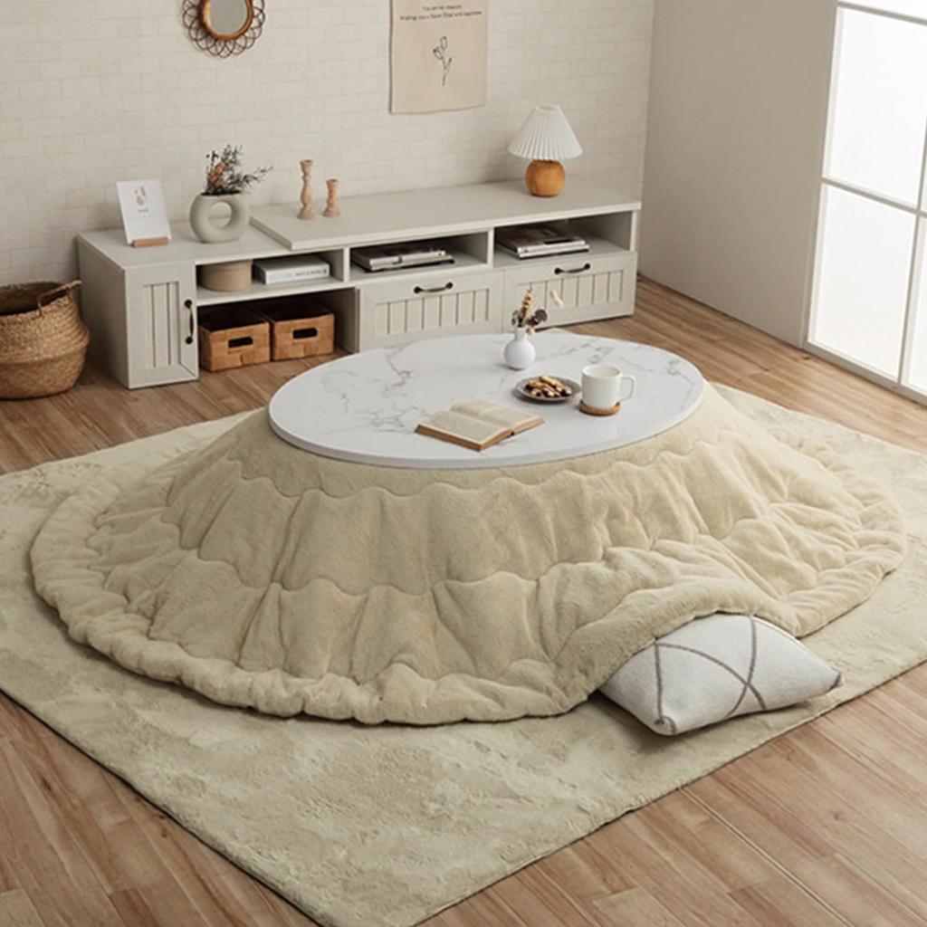 IKEHIKO Kotatsu Futon, Oval, Lapierce, Milky Beige, Approx. 185 X 225 Cm, Solid Color, Soft, Fluffy, Feminine Design #6842689