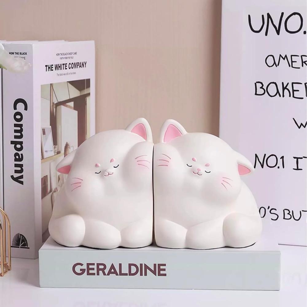 1pair/2pcs of super cute light luxury cream style cat face resin decorative bookends, heavy duty non slip bookends, for book magazine organization,