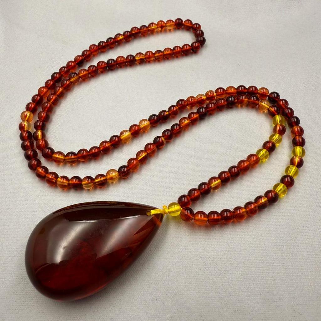 Amber Beeswax Teardrop Pendant Necklace for Men & Women - Blood Vein Charm, Ethnic Style, Peace & Safety Sweater Chain
