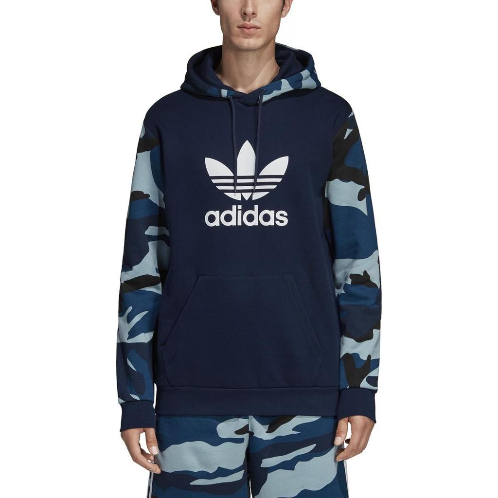 adidas Originals Camo Print Patchwork Hooded Sweatshirt Men Tops Blue DV2064