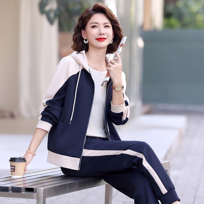 

Spring Women s Casual Two-Piece: Loose Zipper Jacket & Elastic Waist Long Pants - For Middle-Aged and Elderly Women. 3XL [120-135 Jin]