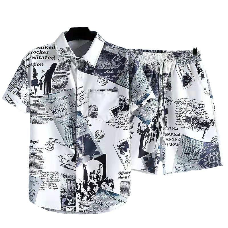 Men's Japanese Retro Floral Short-Sleeve Beach Shirt and Shorts - Plus Size Available