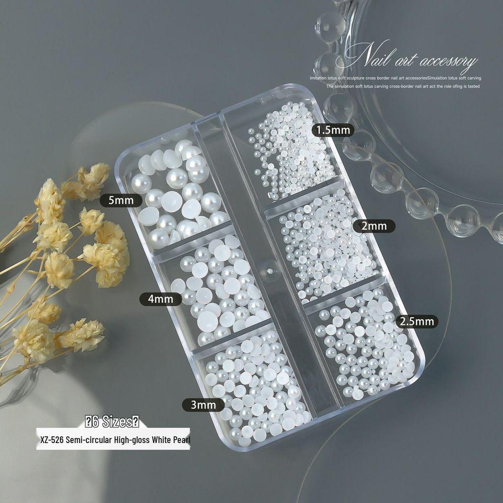 12-Grid High-Gloss Pearl Rice White Nail Art Decorations: 6-Piece Round and Half-Round Mixed Size Set
