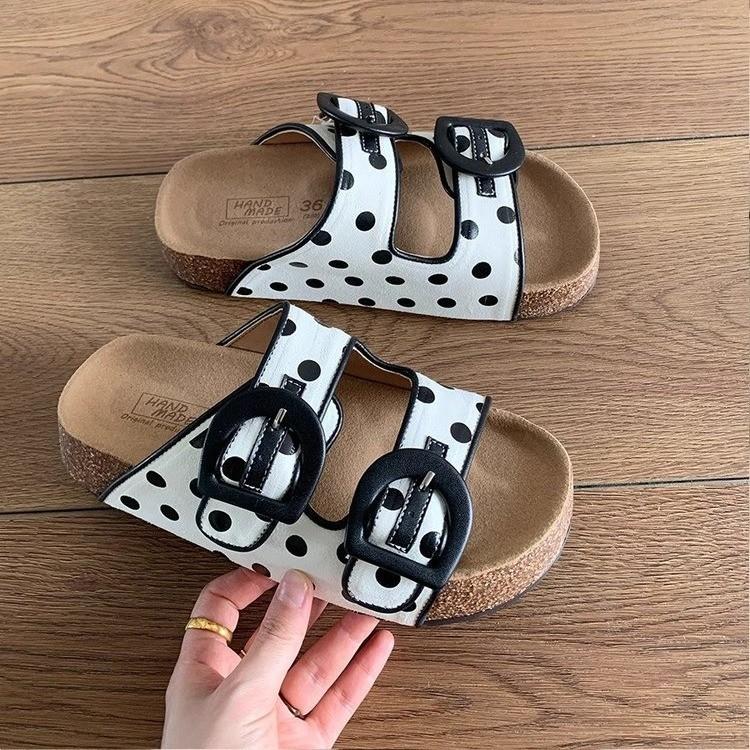 Retro non-slip two-button wood bran slippers summer new fashion platform beach shoes bright casual one-word sandals