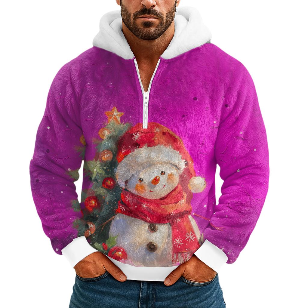 Pánská plyšová mikina s kapucí a polovičním zipem