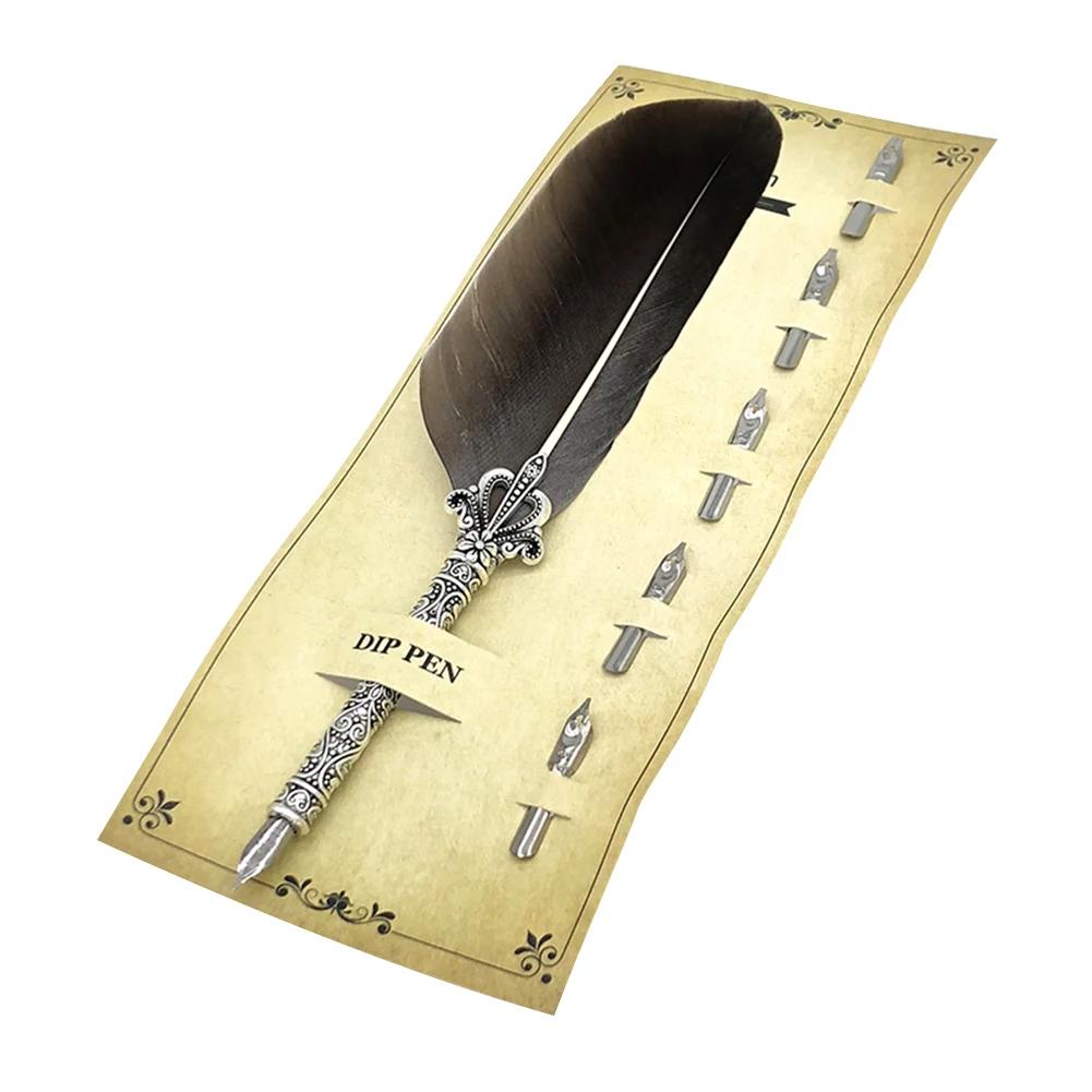 1 Set Vintage Feather Pen with 5 Pen-Nibs Oblique Pen Set Retro Calligraphy Feather Dip Pen Creative Birthday Holiday Gift Set