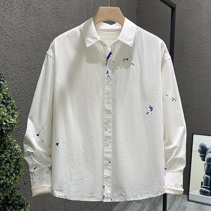 Men s White Paint Splatter Long Sleeve Shirt Casual Button Down Top S белый