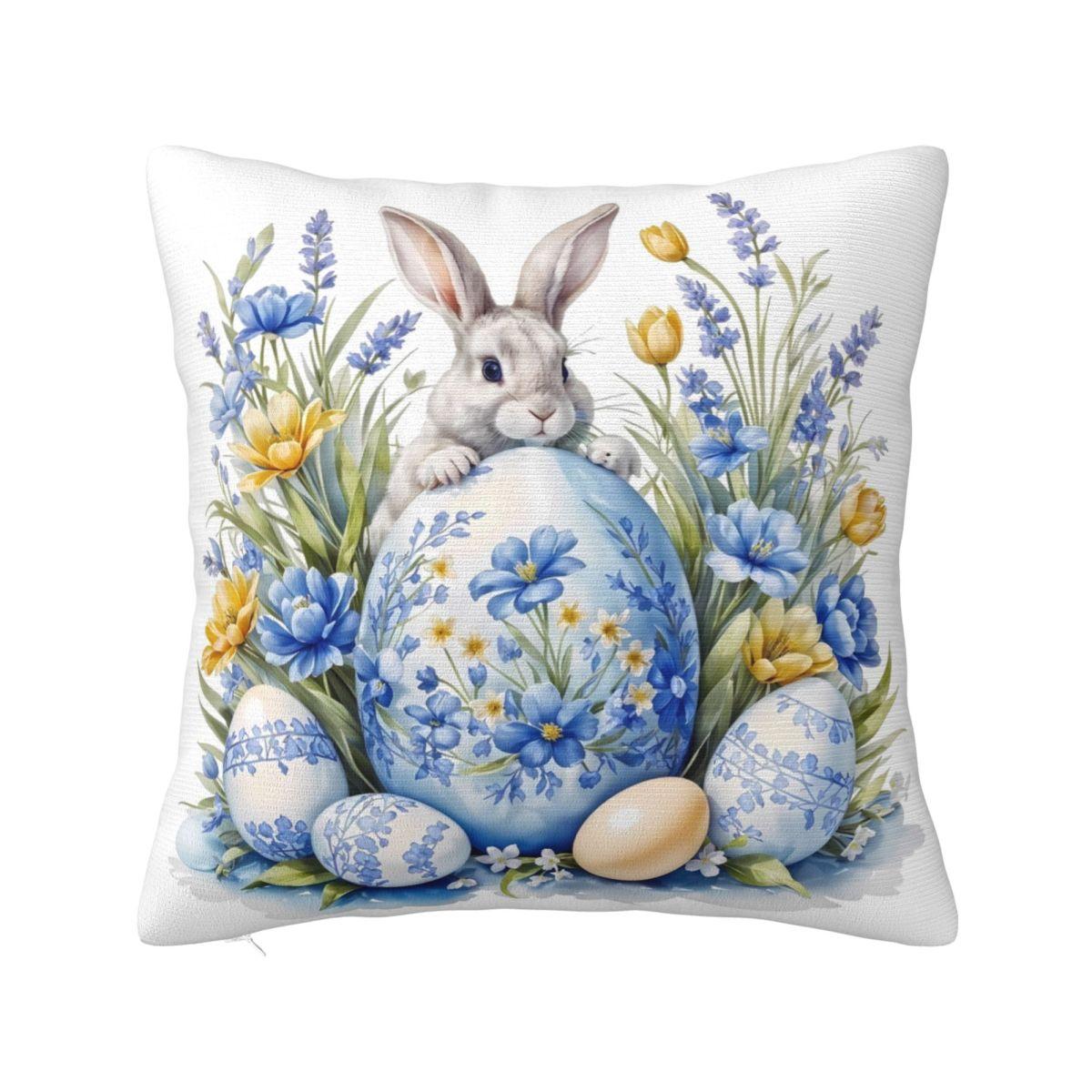 

Easter Bunny Pillow Cover Blue Egg Vintage Pillow Case For Sofa Bedroom Home Decor Cushion Cover Soft Printed Pillowcases Gift 12x12Inch