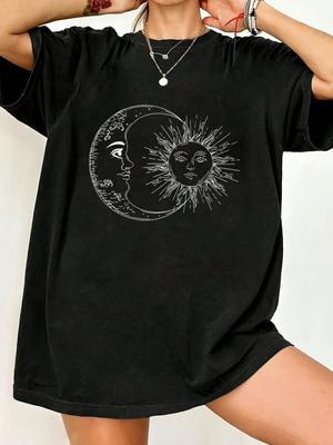 Black Oversized T Shirt With Moon And Sun Face Print For Casual Wear