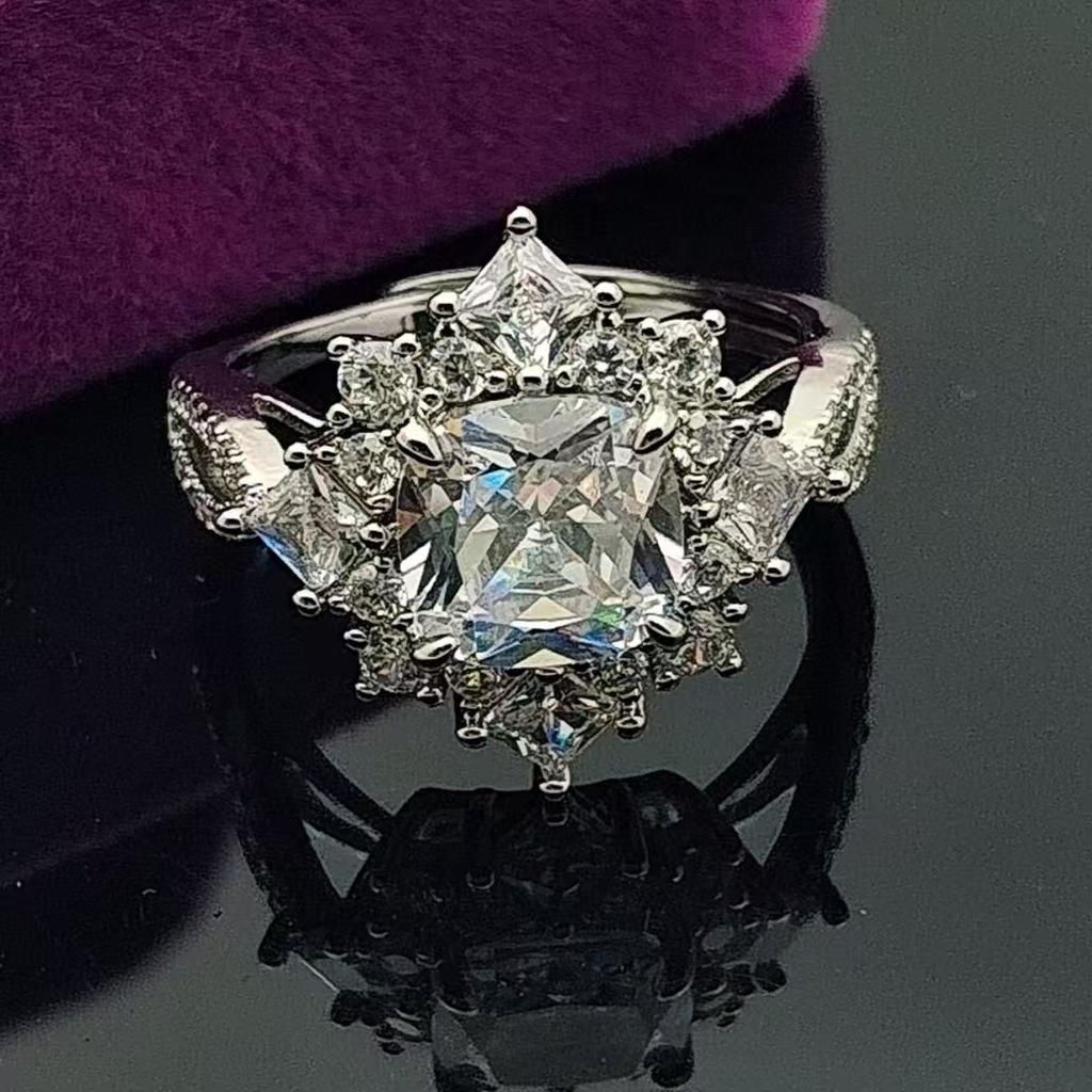 The Same Imitation Large Carat Pink Diamond Ring Women'S Fashion 8 * 8 Fat Square High Carbon Diamond Open Ring