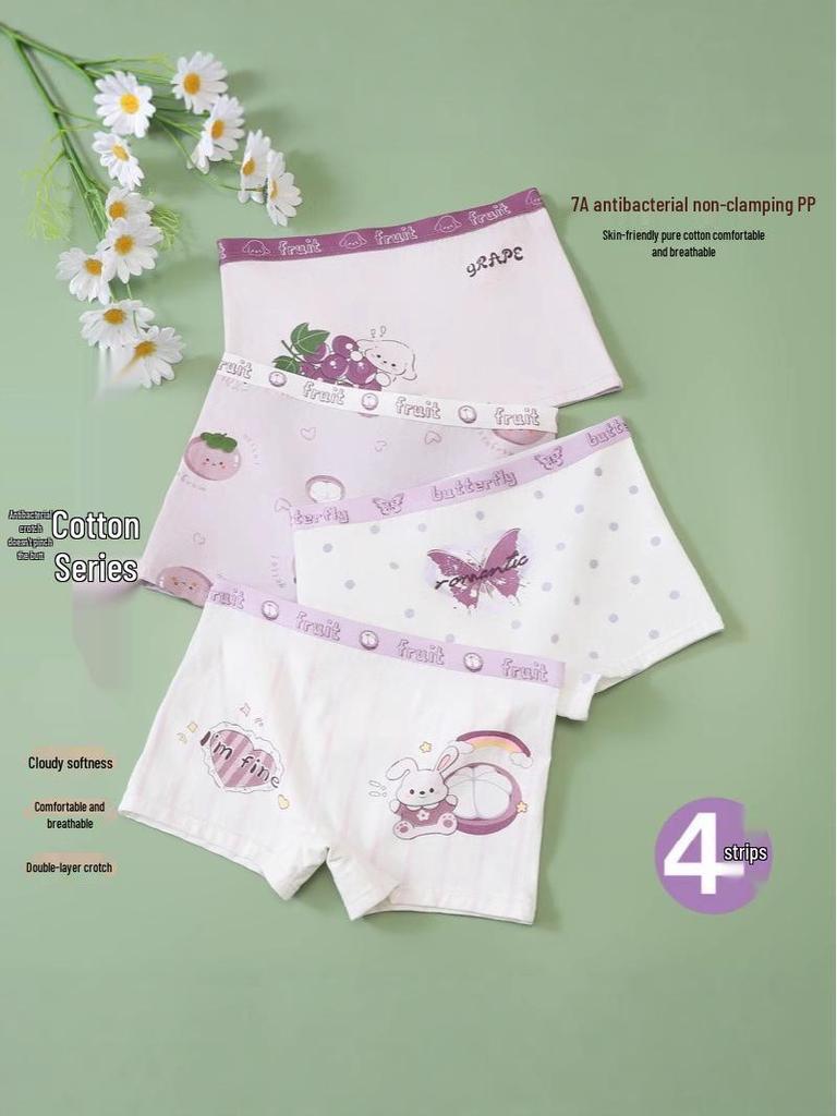 Girls' Pure Cotton Cartoon Boxer Shorts - Antibacterial, Flat Leg, No-Pinch Fit for Elementary and Middle School Kids