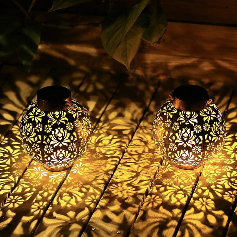Projection Light New Solar Wrought Iron Lantern Hollow Outdoor Courtyard Landscape Garden Hanging Light Decorative Pendant