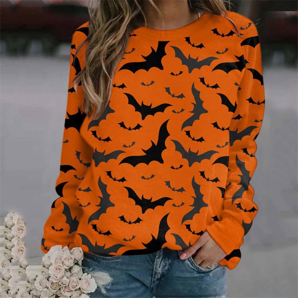 Fashionable 3D digital printed Halloween ghost pattern women's round neck long sleeved T-shirt