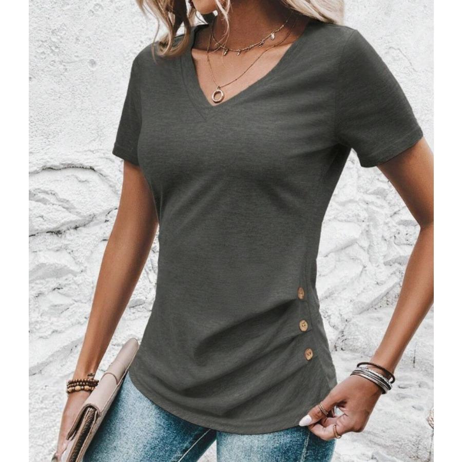 Spring and Summer High-end Slim Fit Solid Color Casual V-neck Short Sleeved Button Top Women's T-shirts