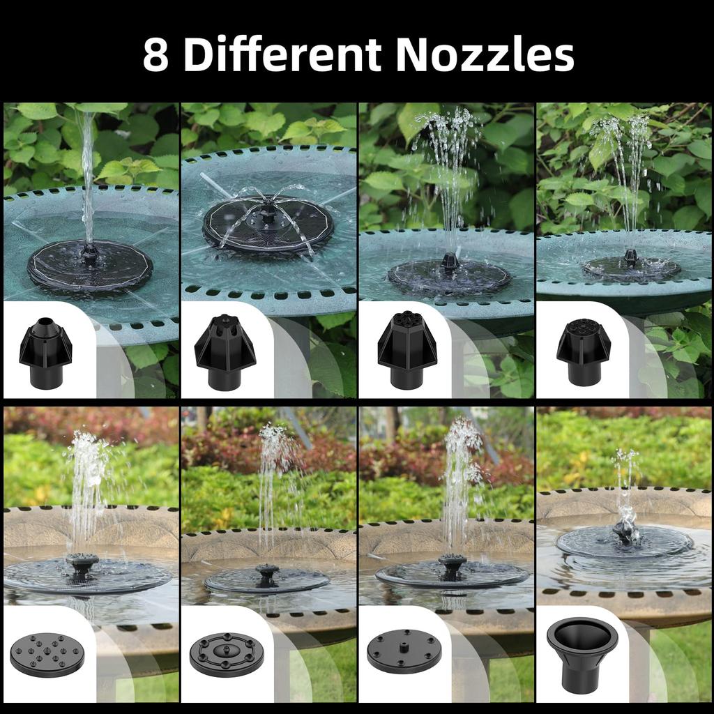 Solarbrunnen, 4 W, Vogelbad-Springbrunnenpumpe, verbesserter Springbrunnen mit Glasplatte und farbigen LED-Leuchten, 7 Düsen und 4 Halterungen