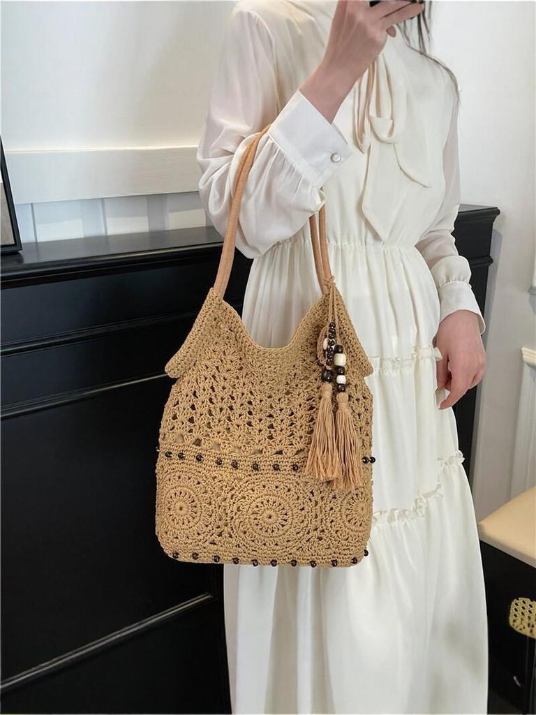 Women's Large Capacity Straw Woven One-Shoulder Crossbody Tote Bag - Versatile, Fashionable, Summer Commute Essential