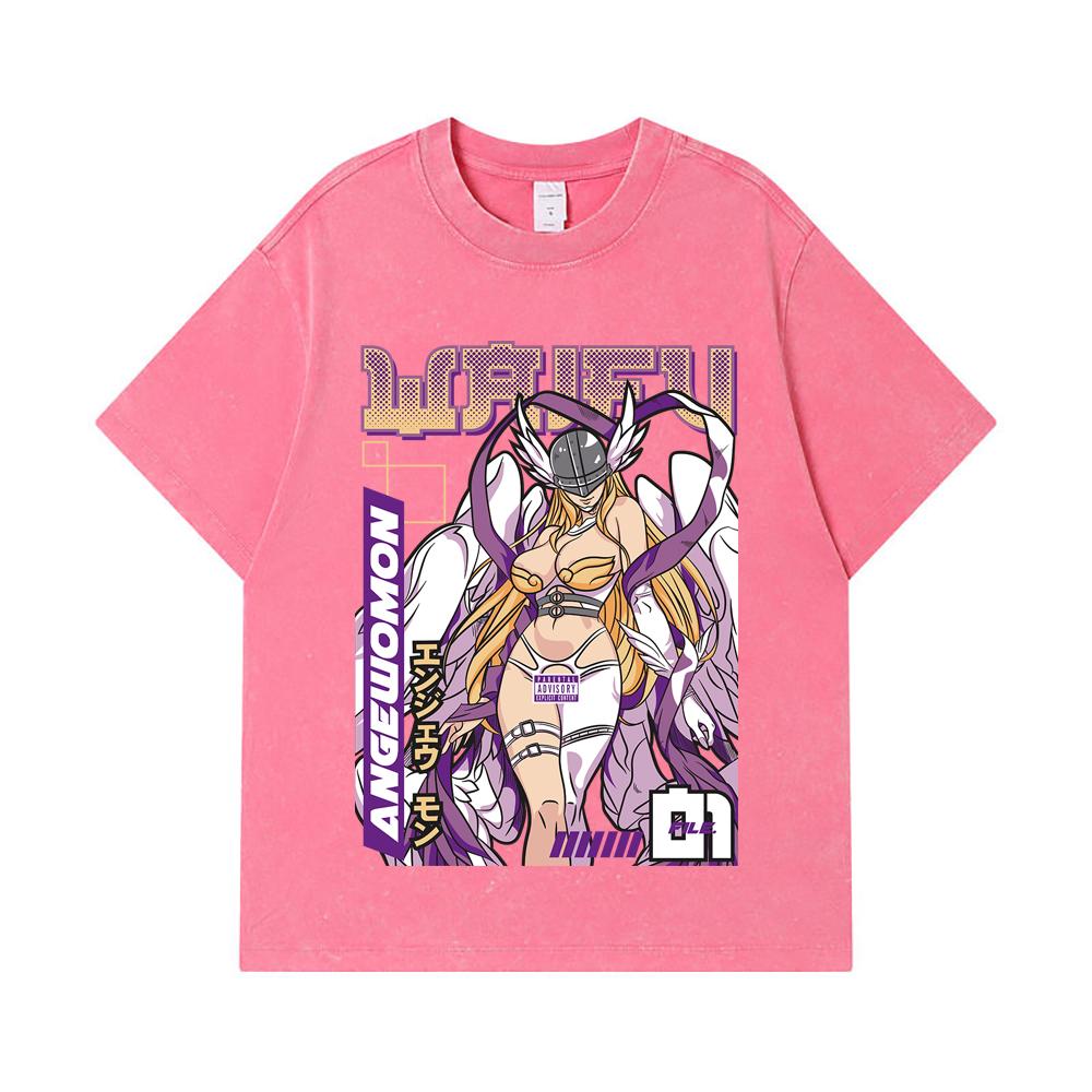 275 GSM Washed T-shirts 100% Cotton Digimon V9 Angewomon Waifu Print Unisex Heavy Cotton T Shirt