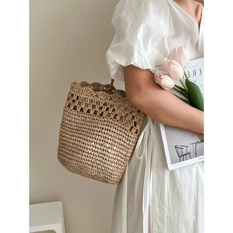 IELGY French Raffia Shoulder Straw Bag Hollow Woven Vacation Beach Bag