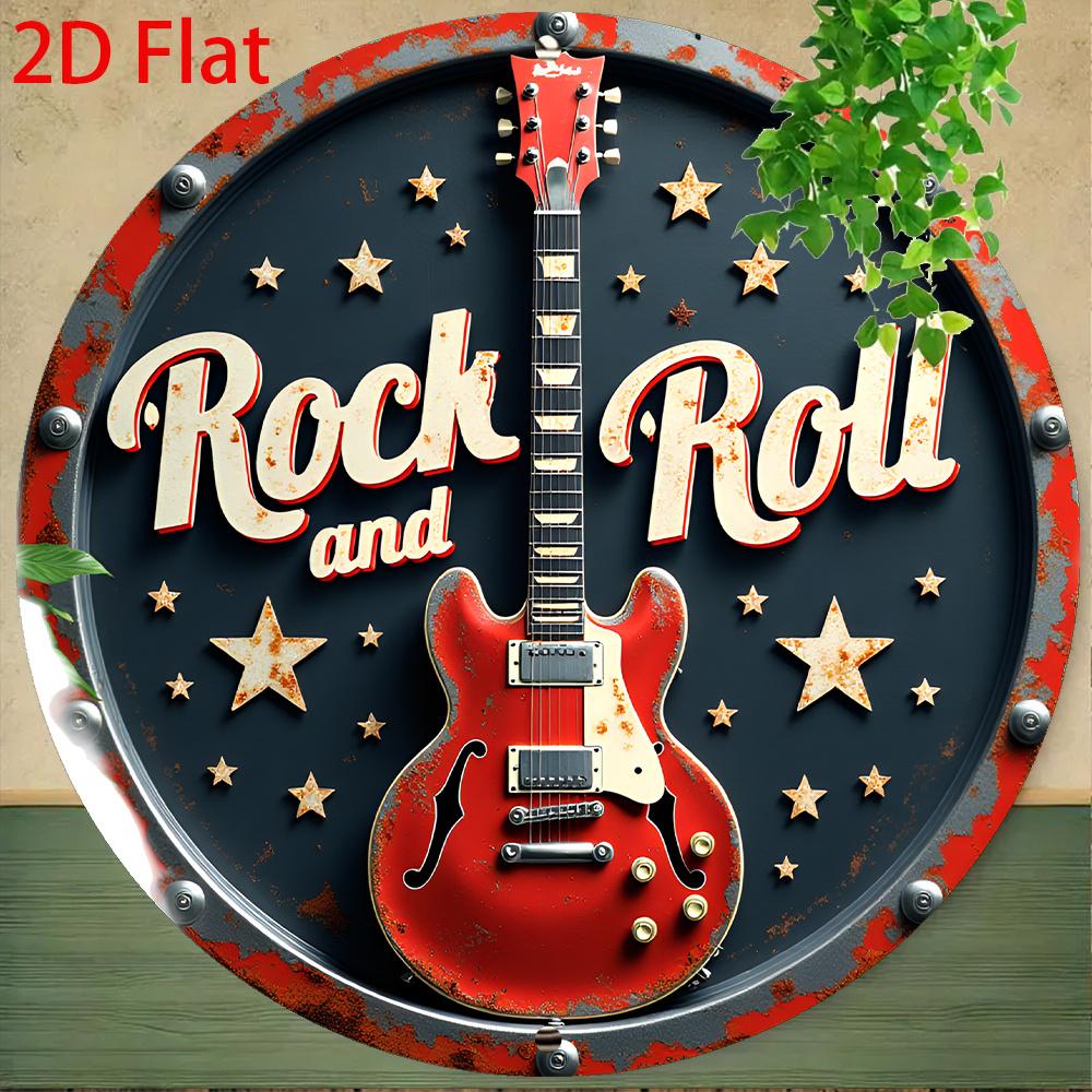 Vintage Rock and Roll HD Print Metal Tin Sign Featuring Retro Circular Design with Raised D Relief of Red Electric Guitar R