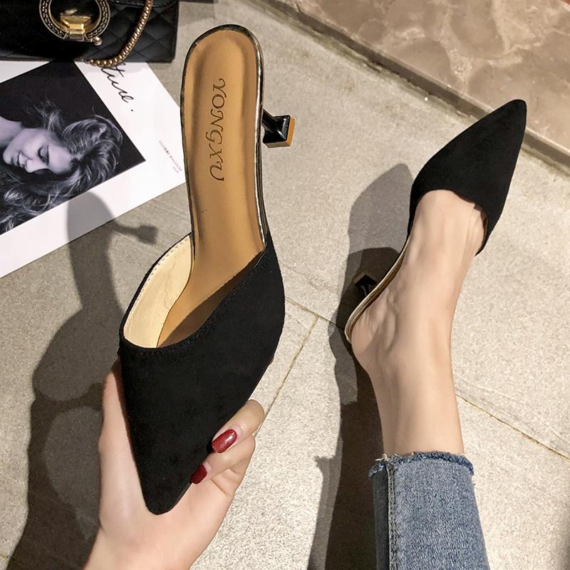 Classic Sandals for Women Slides Casual Thin High Heels Shoes for Women Solid Flock Slip on Pointed Toe Summer Sandals Plus Size