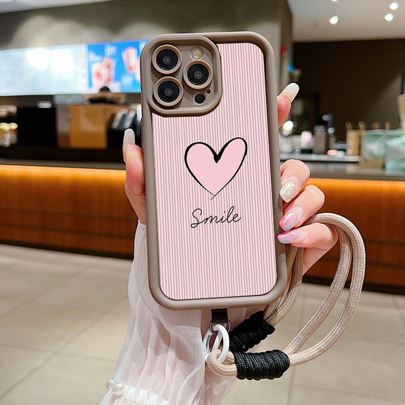 Fashion Smile Pink Love Heart Soft Lanyard Rope Phone Case For iPhone 15 14 13 12 11 16 Pro Max X XS XR 7 Plus Shockproof Cover