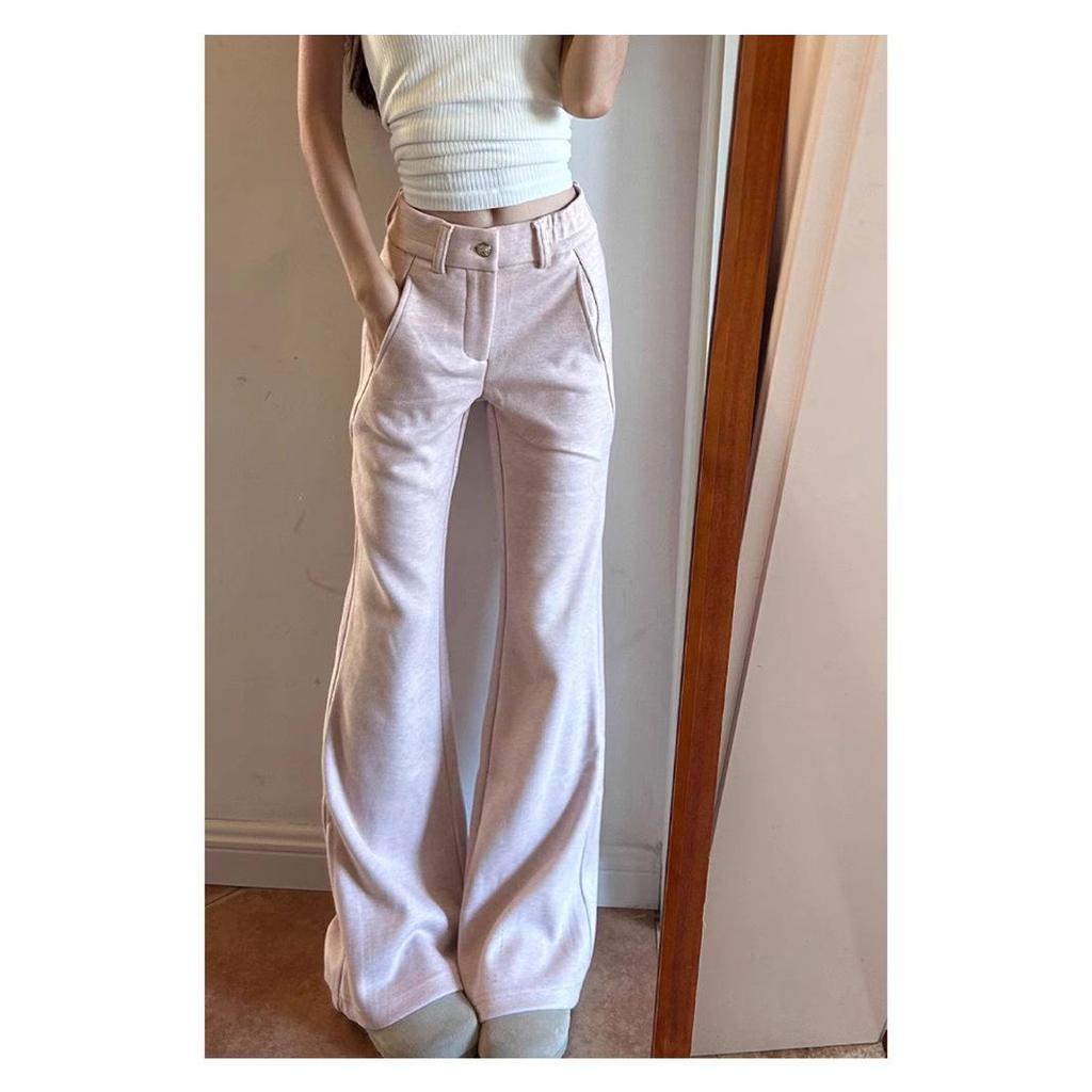 2024 Women's Pink High-Waisted Slimming Micro-Flared Fleece-Lined Casual Winter Pants
