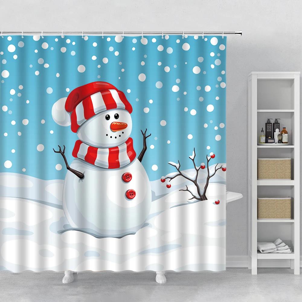 Happy Snowman Christmas Shower Curtain Snowflake Santa Claus New Year Gift Bathroom Waterproof Bath Curtain Home Decor With Hook