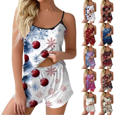 Damen Modisches, lässiges Pyjama-Set mit ärmellosem Oberteil und Shorts mit Weihnachtsmuster