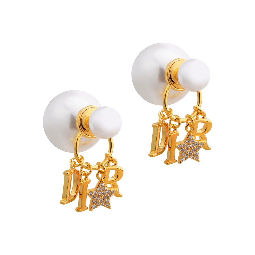 French Pearl Earrings, Full Diamond Letter Studs, Classic Statement Earrings, Luxury Jewelry