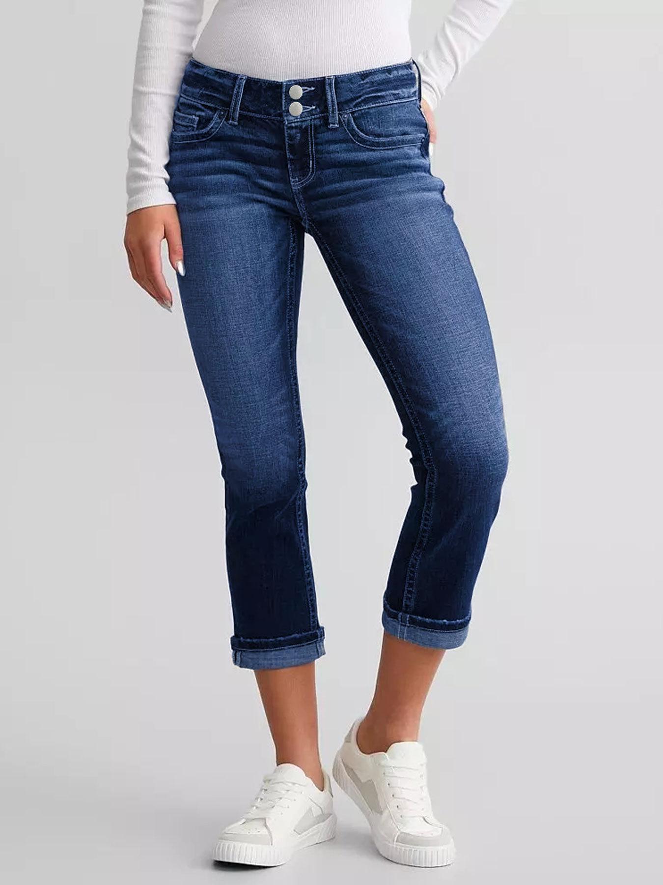 Women s Slim-Fit Embroidered Double-Button Denim Jeans M