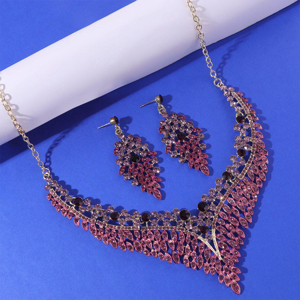 3Pcs Purple Necklace Earring Set Luxury Crystal Jewelry Set Fashion Stud Earrings Choker Set  Women