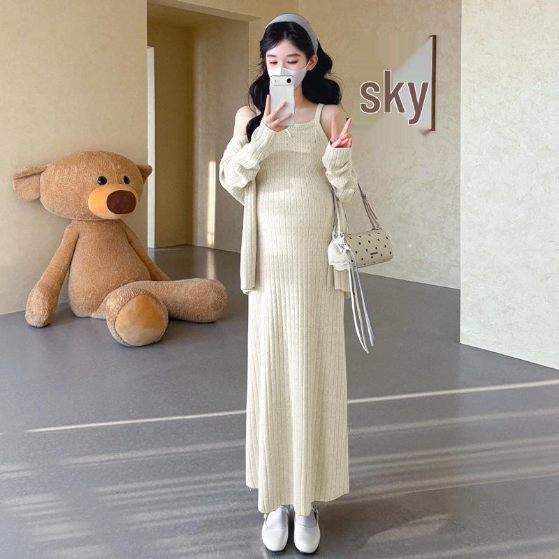 Spring 2026 Elegant Korean Maternity Bow Knit Cardigan and Camisole Dress Set 2XL
