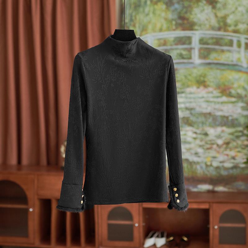 New Chinese Style Jacquard Mink Fur Trim Half-Stand Collar Women's Top for Autumn/Winter